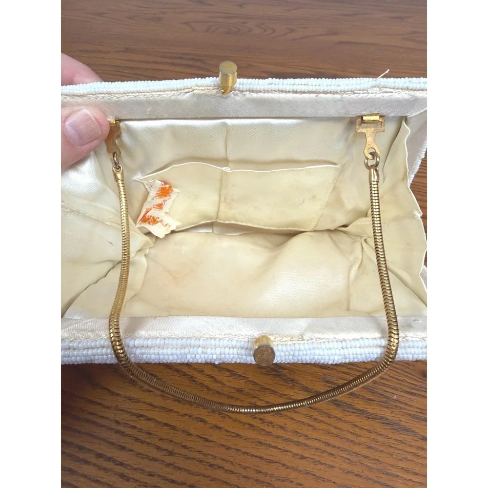 Vintage La Regale Beaded Chevron Evening Bag Cream Gold Chain Clutch Hong Kong